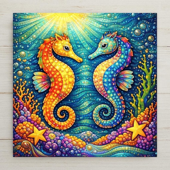Twin Seahorses Ceramic Tile Wall Art – Stained Glass Style Ocean Decor, Coastal Wall Decor Home Decor, Meaningful Beach Decor Gift