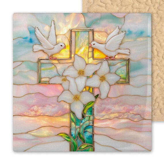 Handcrafted Stained Glass Cross Ceramic Tile - Christian Wall Art for Easter, Sympathy, and Home Decor
