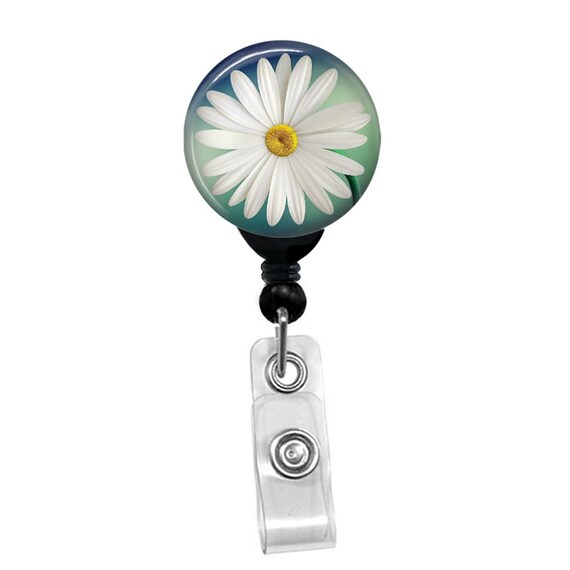 Flower - White Daisey Badge Reel Holder ID Card Name Retractable Badge Holder