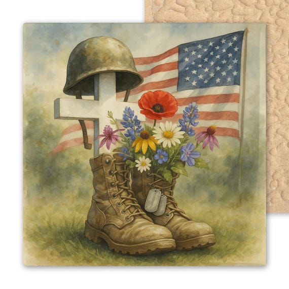 Patriotic Military Memorial Ceramic Tile: Flag, Boots & Cross Wall Art - Veterans Day Hero Tribute