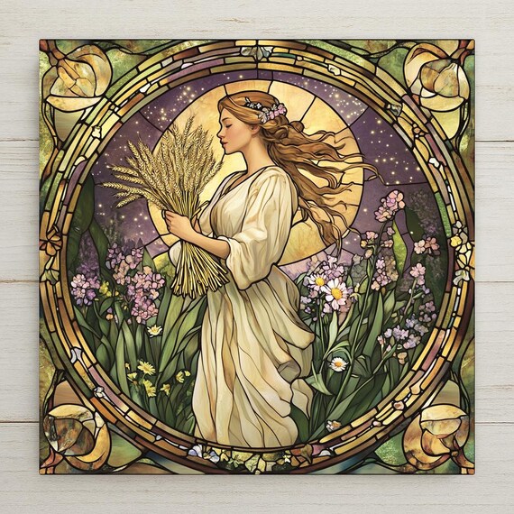 Handcrafted Virgo Zodiac Ceramic Tile - Art Nouveau Stained Glass Astrology Wall Decor