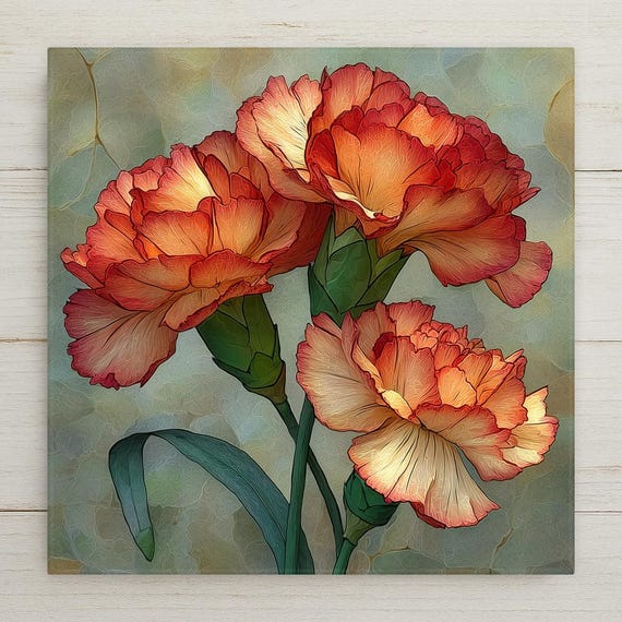Carnation Wall Art Ceramic Tile January Birthday Gift Birth Month Flower Stained Glass Style Botanical Floral Art