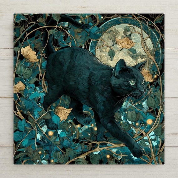 Mystical Black Cat Ceramic Tile Wall Art - Gothic Moon Night Scene with Flowers - Stained Glass Style Decor