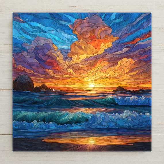 Ocean Sunset Ceramic Tile Wall Art – Stained Glass Style Coastal Decor, Colorful Sea Wall Decor Home Decor Gift with Sunset Waves