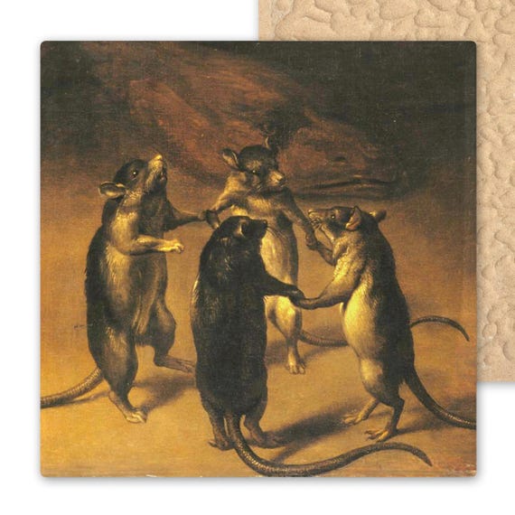 Gothic Castlecore Ceramic Tile Art: Dance of the Rats - Vintage Inspired Whimsical Wall Decor