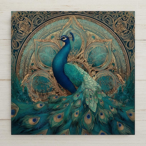 Peacock Ceramic Tile Art: Turquoise & Gold Feather Boho Decor