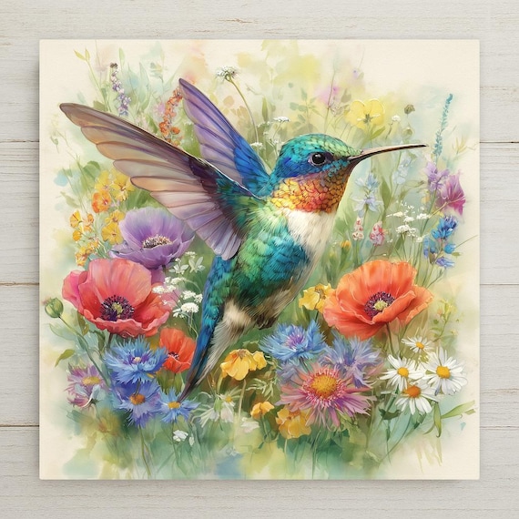 Hummingbird Wildflowers Ceramic Art Tile: Colorful Cottagecore Wall Decor Bird Lover Gift Home Decor Watercolor Bird Art