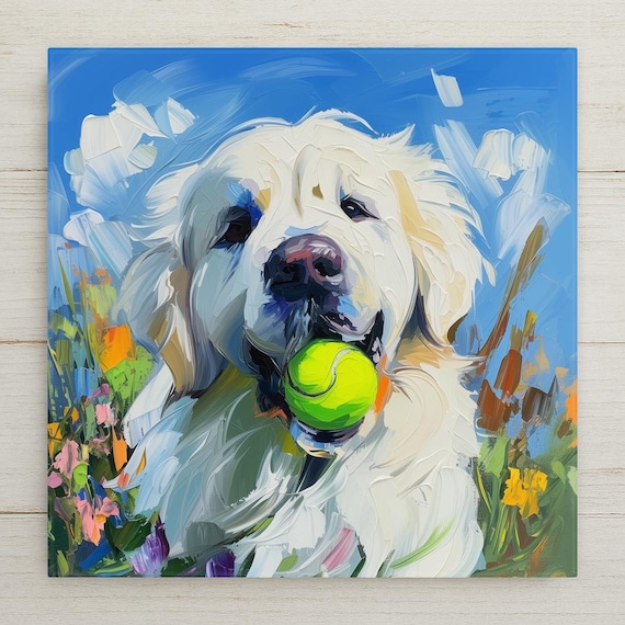 Great Pyrenees Ceramic Tile Art: Gentle Giant Dog Portrait in Wildflowers with Tennis Ball