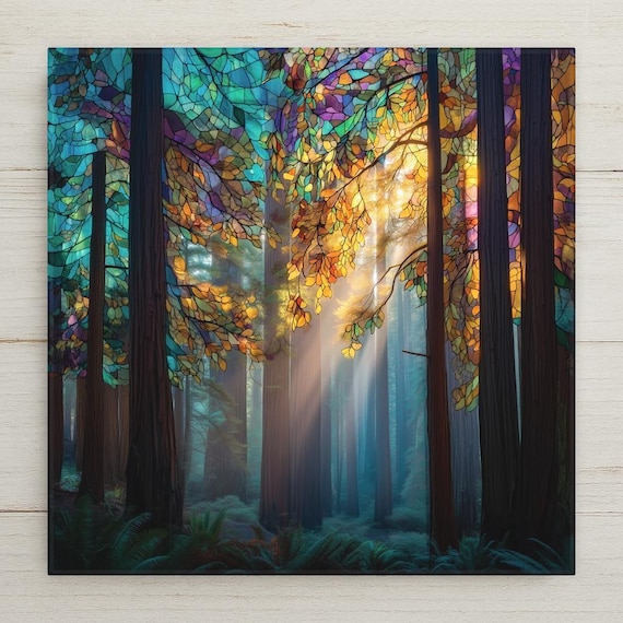 Redwoods Ceramic Tile Art: Forest-Inspired Stained Glass Wall Decor, California Landscape Nature Gift