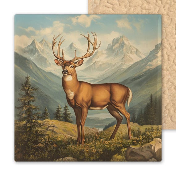 Rustic Wilderness Buck Ceramic Tile - Audubon-Style Deer Art Print for Cabin, Mountain Decor & Hunter Gifts