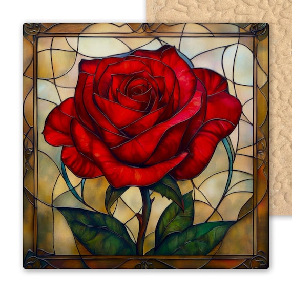 Art Nouveau Ceramic Tile: Red Rose Floral Wall Decor Inspired by Alphonse Mucha - Stained Glass Look