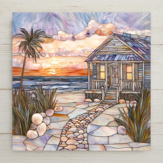 Coastal Sunset Ceramic Tile Art: Beach Cottage Decor