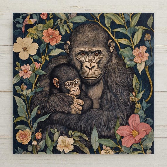 Gorilla Ceramic Tile Art: Baby Jungle Animal Wall Decor, William Morris Woodland Nursery Gift