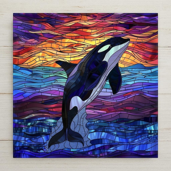 Handcrafted Stained Glass Orca Whale Tile: Breaching Killer Ocean Sunset Wall Art for Nautical Decor