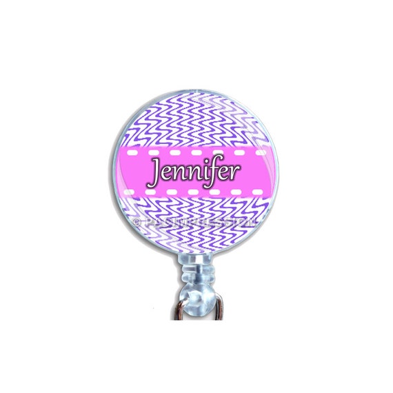 Personalized Badge Holder Retractable ID Card Badge Reel Cosmic Chevrons Pink On Purple Just Add Your Name