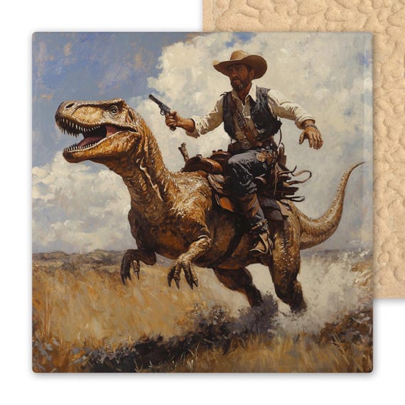 Velociraptor Cowboy Tile Art: Western Dinosaur Wall Decor, Trivet, Coaster for Rustic Home