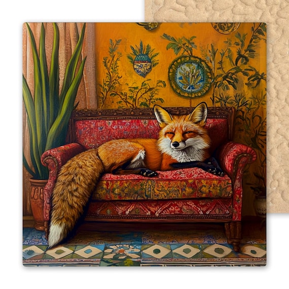 Bohemian Southwest Fox Ceramic Tile Art - Vintage Style Wall Decor, Trivet, Mexican Villa Wildlife Accent