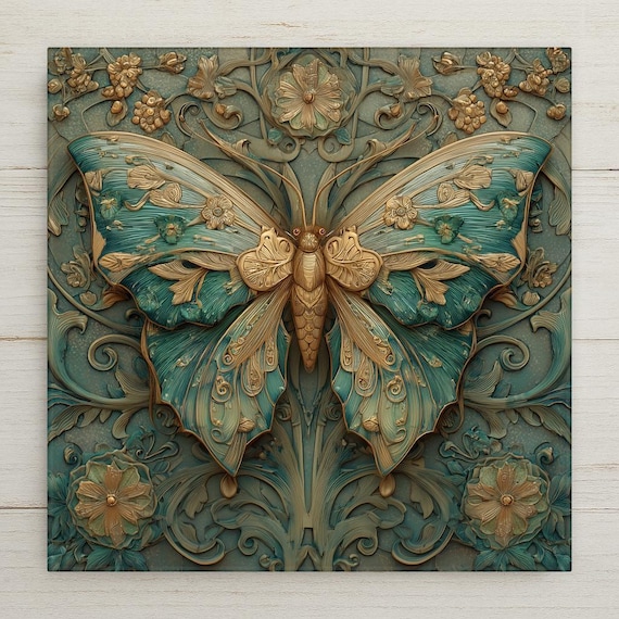 Art Nouveau Butterfly Ceramic Tile Wall Decor - Stained Glass Style Botanical Nature Home Gift