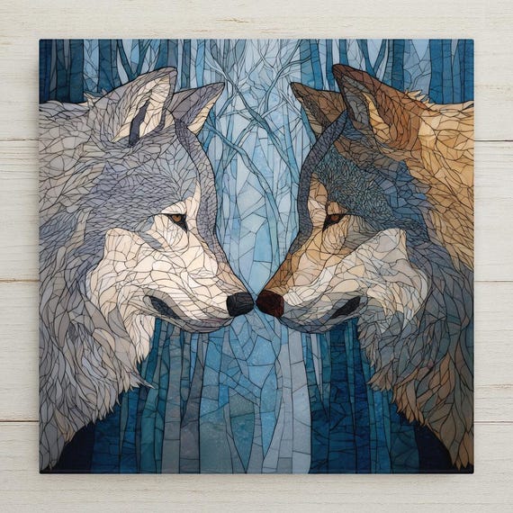 Wolf Pair Ceramic Tile Wall Art – Stained Glass Style Anniversary Gift, Couple Wall Decor, Meaningful Home Decor, Romantic Gift