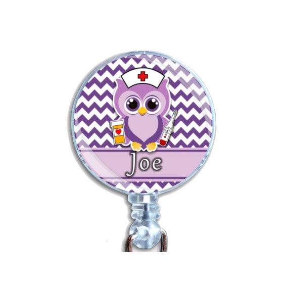 Personalized Custom Badge Reel ID Retractable Card Holder Nurse Owl Purple Chevrons Just Add Your Name