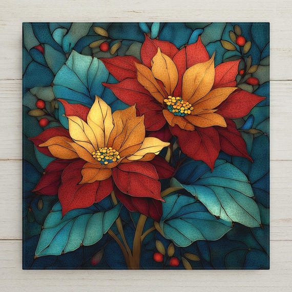 Poinsettia Wall Art Ceramic Tile Stained Glass Style Christmas Gift Floral Botanical Holiday Decor Art