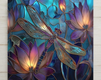 Dragonfly Wall Art Ceramic Tile Stained Glass Style Memorial Gift Lotus Nature Art Sympathy Gift Bereavement Art