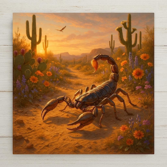 Southwestern Scorpion Ceramic Tile: Desert Wildlife Wall Art, Cactus Sunset Decor, Nature Lover Gift