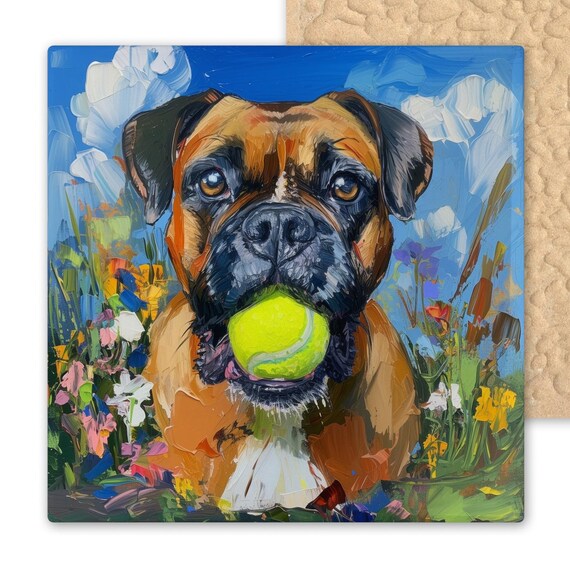 Boxer Ceramic Tile Art – Playful Dog Wall Art with Tennis Ball in Wildflowers – Bold Pet Portrait Gift for Boxer Owners and Dog Lovers