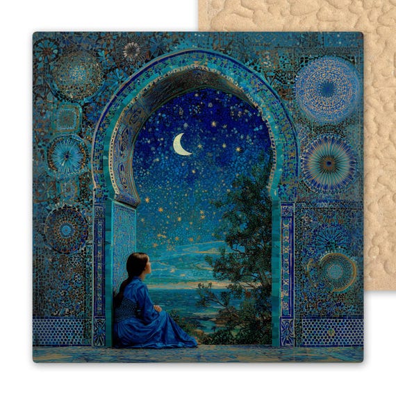 Celestial Ceramic Tile Art: Navy & Turquoise Mosaic Night Sky Wall Decor for Dreamy Boho Spaces