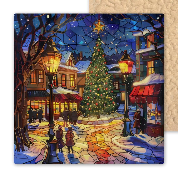 Stained Glass Style Christmas Town Ceramic Tile Art: Holiday Decor