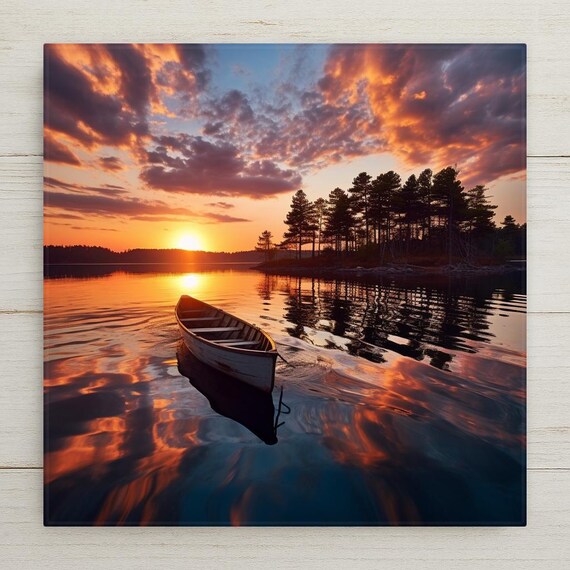 Watercolor Lake Sunset Ceramic Tile: Canoe Wall Art