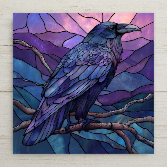 Raven Ceramic Tile Wall Art – Stained Glass Style Gothic Decor, Mystical Bird Artwork, Enchanted Fantasy Wall Art Gift Decorative Tile
