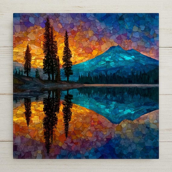 Bend Oregon Wall Art Ceramic Tile Stained Glass Style Oregon Gift High Desert Mountain Decor Place Identity