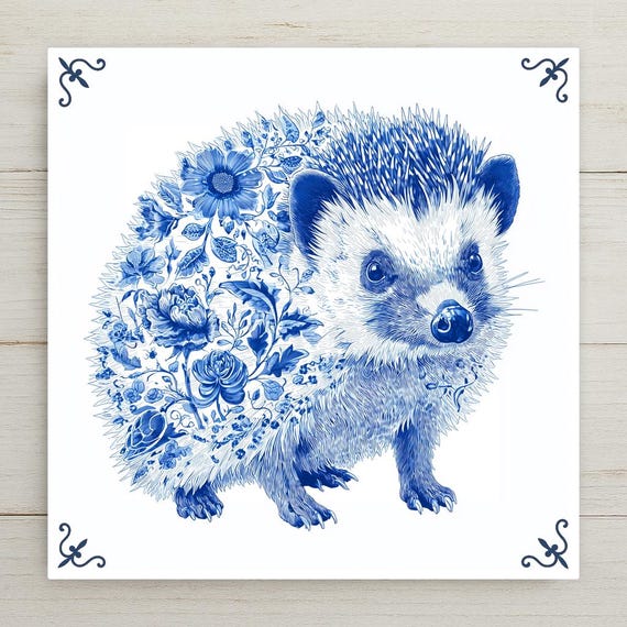 Delft Blue Hedgehog Tile: Dutch Floral Cottagecore Wall Decor