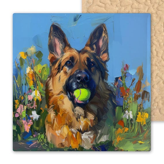 German Shepherd Ceramic Tile Art – Vibrant Dog Wall Art with Tennis Ball in Meadow – Hand Painted Style Pet Portrait for Dog Lovers