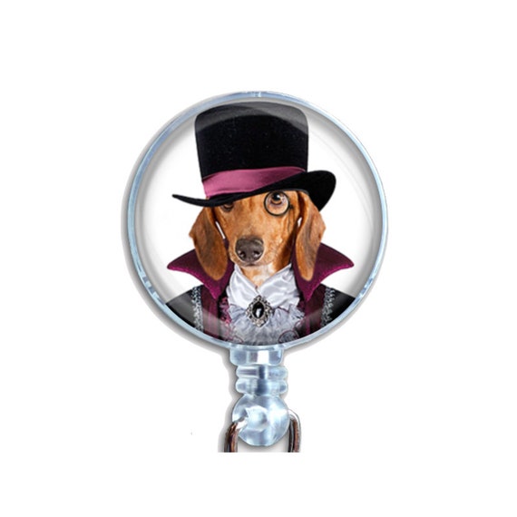 Badge Reel ID Retractable Name Card Holder Steampunk Dachshund Puppy Dog With Hat And Spectacle and Collar