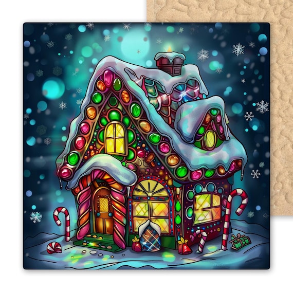 Stained Glass Gingerbread House Ceramic Tile Wall Art Christmas Candy Holiday Décor Sweet Festive Gift Print
