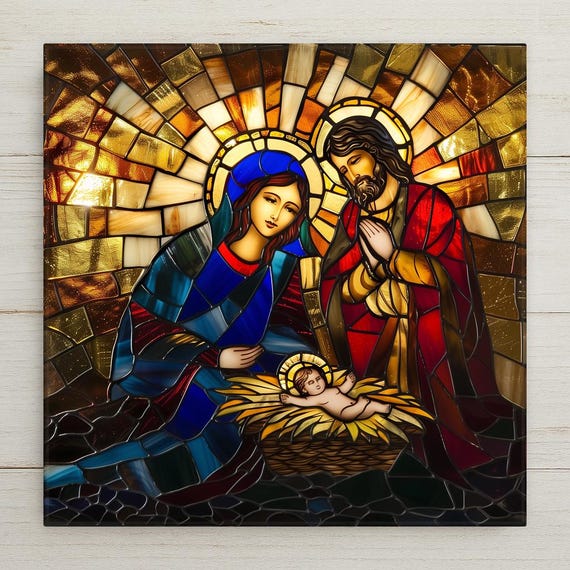Stained Glass Nativity Scene Tile Home Decor : Unique Religious Christmas Decor for Home, Wall Art & Spiritual Gifts