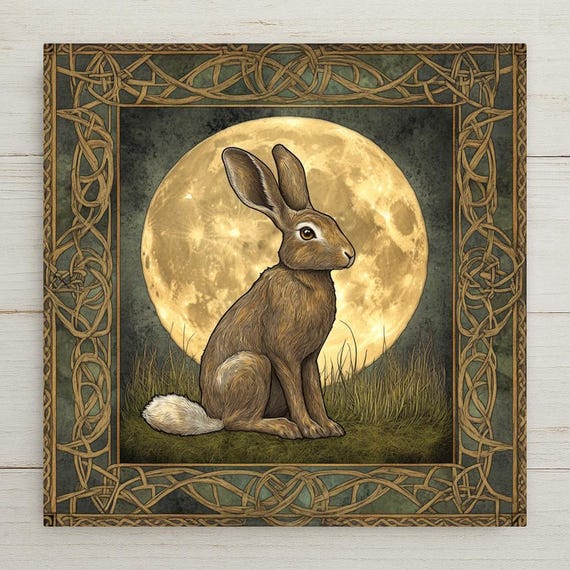 Celtic Hare Ceramic Tile: Handmade Knotwork Moon Art