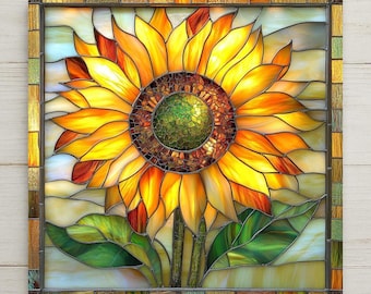 Sunflower Stained Glass Style Ceramic Art Tile: Nature Wall Decor Art Lover Gift Home Decor Wall Art