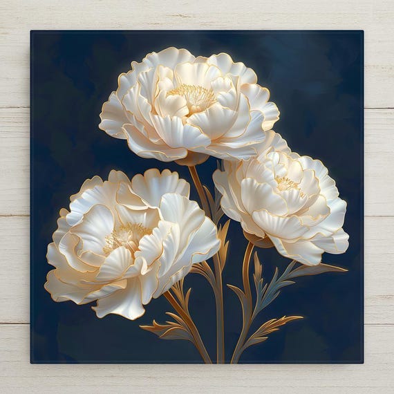White Carnation Wall Art Ceramic Tile – Stained Glass Ivory Floral Decor, Elegant Blue Botanical Home Decor, Classic Flower Wall Decor