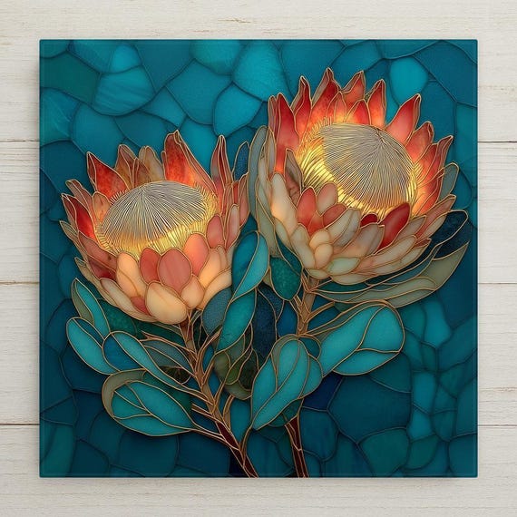 King Protea Botanical Wall Art Ceramic Tile – Tropical Flower Wall Decor – Stained Glass Style Floral Home Decor – Nature Inspired Tile