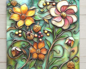May include: A square decorative tile featuring a raised relief design of stylized flowers and berries in shades of yellow, orange, pink, and cream. The artwork includes dark brown swirling vines against a soft green and teal gradient background.