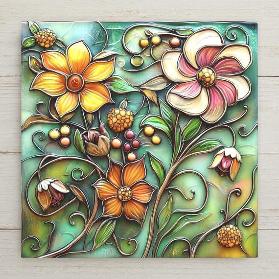 Summer Garden Floral Ceramic Tile Wall Art Cottage Garden Decor Botanical Gift Garden Lover Art