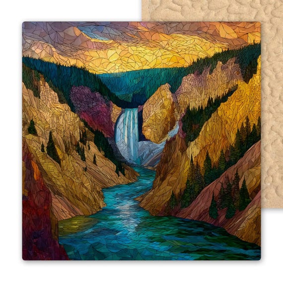 Yellowstone Wall Art Ceramic Tile Stained Glass Style Lower Falls Grand Canyon of Yellowstone National Park Landscape Gift