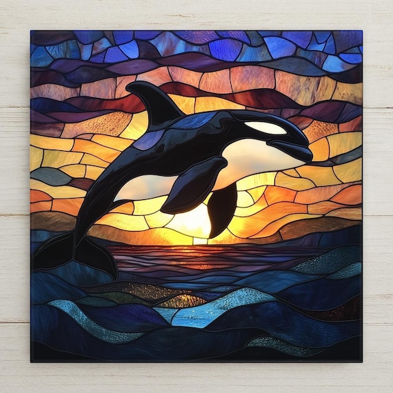 Orca Whale Ceramic Tile: Stained Glass Ocean Sunset Trivet