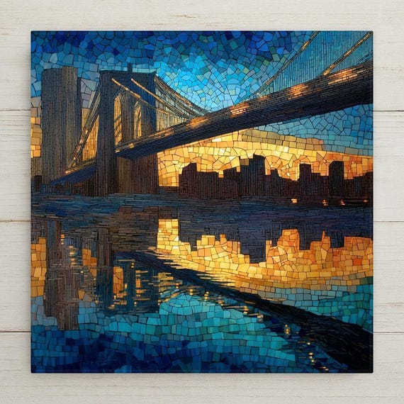 Brooklyn Bridge Mosaic Ceramic Tile Art: NYC Skyline Wall Decor with Sunset Reflection for Urban Travel Enthusiasts