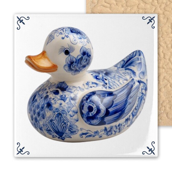 Whimsical Blue Delft Rubber Duck Ceramic Tile - Dutch Bathroom Art, Nursery Decor, Nature-Inspired Gift