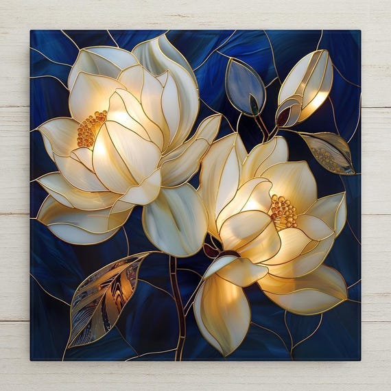 White Magnolia Wall Art Ceramic Tile – Stained Glass Blue Floral Decor, Elegant Botanical Home Decor, Farmhouse Wall Decor