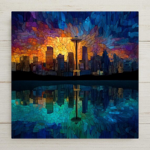 Seattle Skyline Mosaic Ceramic Tile - Space Needle Wall Art, Pacific Northwest Cityscape Decor Gift